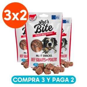 <strong>Pack: Let’s Bite 3×2</strong> Meat Snacks Beef Squares with Poultry, Snack para Perros, Cuadraditos de Carne y Aves, 3 bolsas de 80 gr