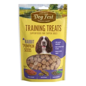 <strong>Dog Fest</strong> Treats & Chews Training Treats Rabbit & Pumpkin Seeds, Snack de Entrenamiento para Perros, Conejo y Semillas de Calabaza, bolsa de 90 gr