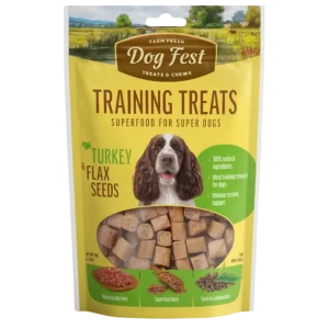 <strong>Dog Fest</strong> Treats & Chews Training Treats Turkey & Flax Seeds, Snack de Entrenamiento para Perros, Pavo y Semillas de Lino, bolsa de 90 gr