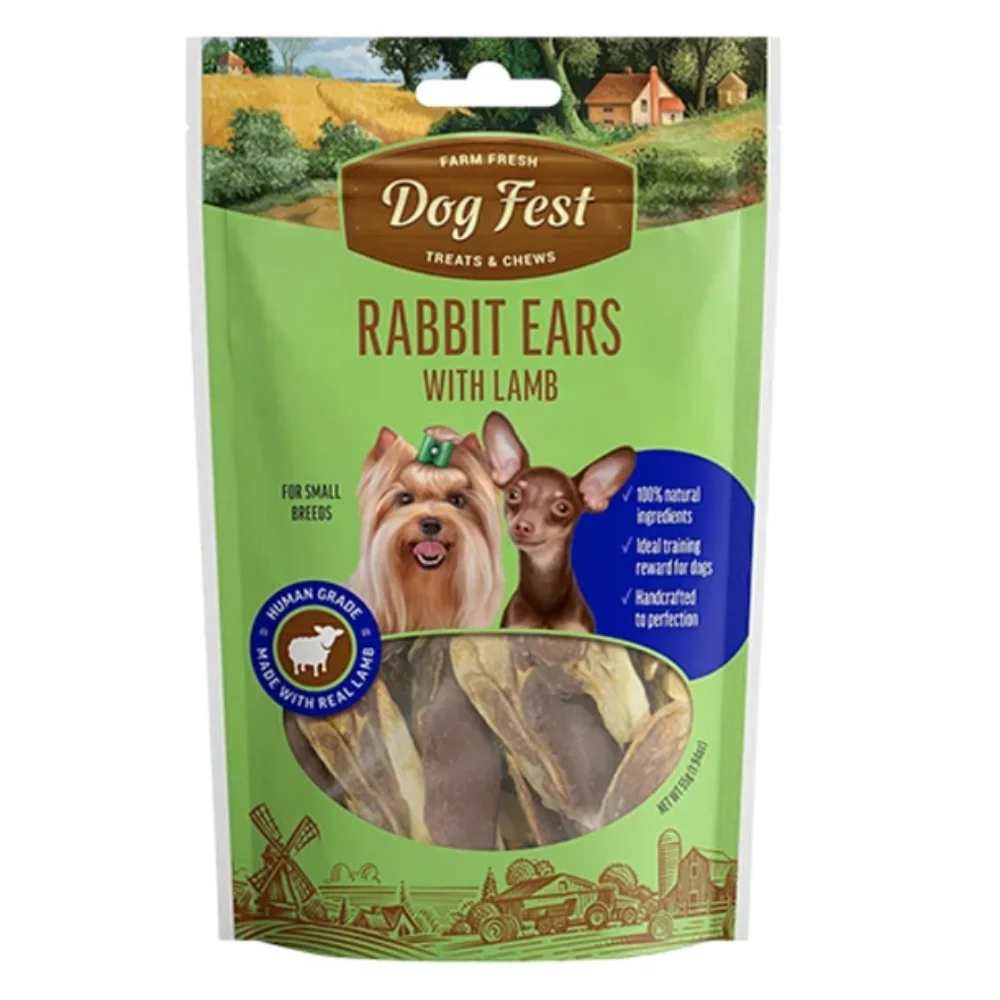 <strong>Dog Fest</strong> Treats & Chews Rabbit Ears with Lamb, Snack para Perros, Orejas de Conejo con Cordero, bolsa de 55 gr
