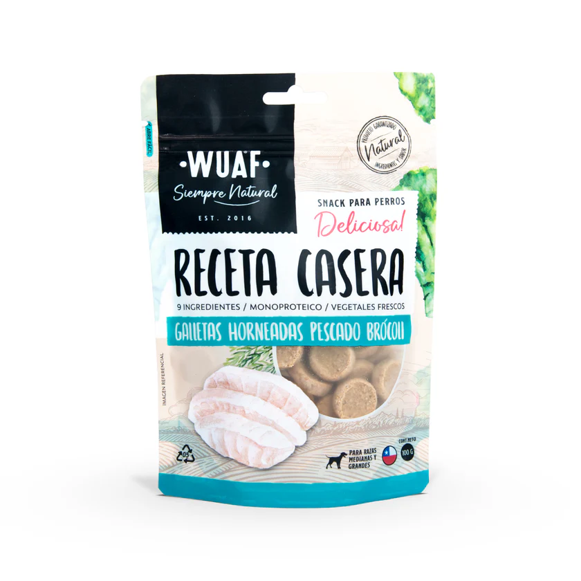 <strong>Wuaf</strong> Receta Casera, Snack para Perros, Galletitas Pescado Brócoli, bolsa de 100 gr