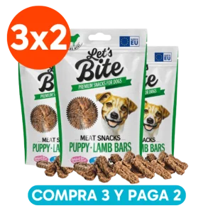<strong>Pack: Let’s Bite 3×2</strong> Meat Snacks Puppy Lamb Bars, Snack para Perros Cachorros, Barritas de Cordero, 3 bolsas de 80 gr