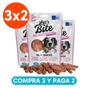 <strong>Pack: Let’s Bite 3×2</strong> Meat Snacks Tuna Bars, Snack para Perros, Barritas de Atun, 3 bolsas de 80 gr