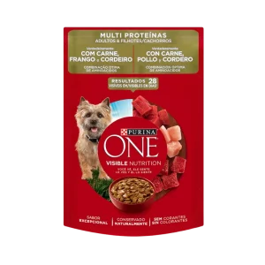 <strong>Purina ONE</strong> Multiproteínas, Alimento Húmedo para Perros, Cachorro y Adulto, Carne, Pollo y Cordero, sobre de 85 gr