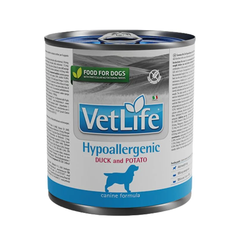 <strong>VetLife</strong> Hypoallergenic, Alimento Húmedo para Perros con Intolerancia a Ingredientes y Nutrientes, Pato y Papa, lata de 300 gr