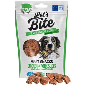 <strong>Brit</strong> Let’s Bite Meat Snacks Chicken & Pork Slices, Snack para Perros, Bocados de Pollo y Cerdo, bolsa de 80 gr
