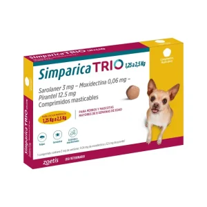 <strong>Simparica TRIO</strong> Antiparasitario Interno y Externo para Perros, 1.25-2.5 kg, 1-3 comprimidos masticables (dosis mensuales)