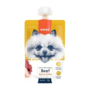 <strong>Wanpy</strong> Tasty Meat Paste, Snack Húmedo para Perros, Pasta de Carne, Zanahoria y Arvejas, pouch de 90 gr con tapa